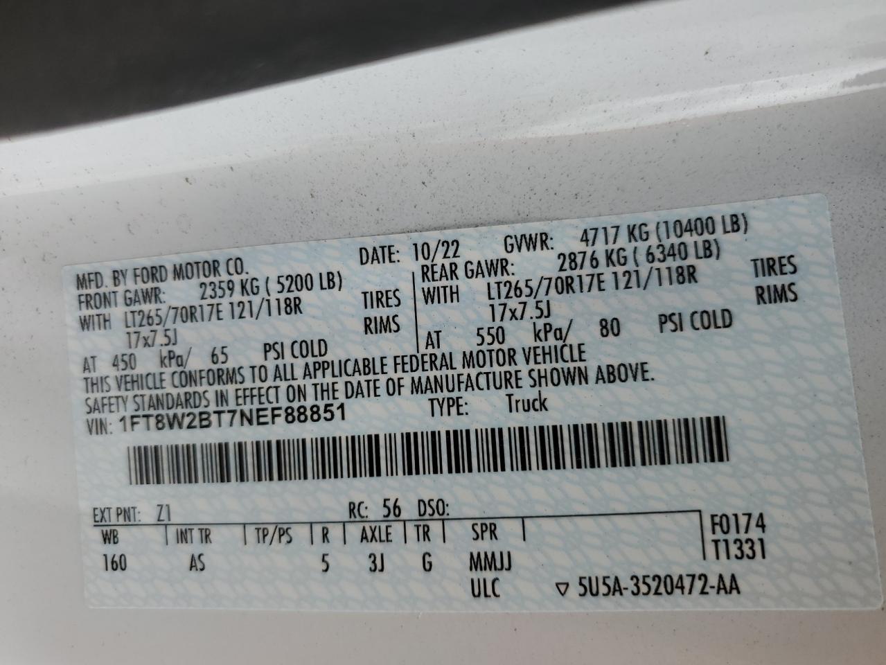 2022 Ford F250 Super Duty VIN: 1FT8W2BT7NEF88851 Lot: 74004854