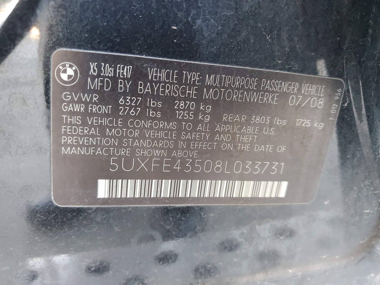 5UXFE43508L033731 2008 BMW X5 3.0I