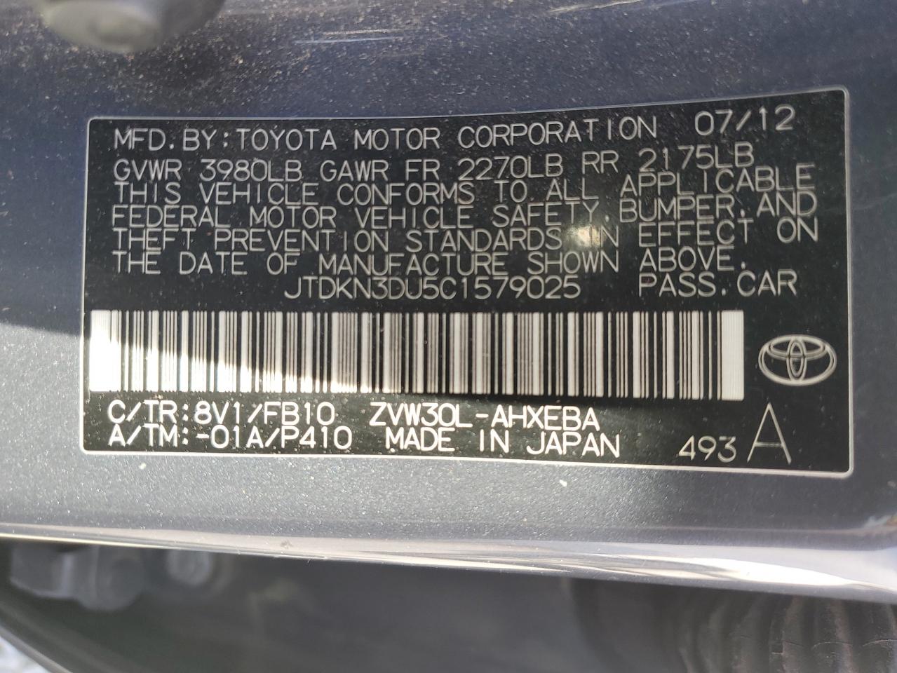 JTDKN3DU5C1579025 2012 Toyota Prius