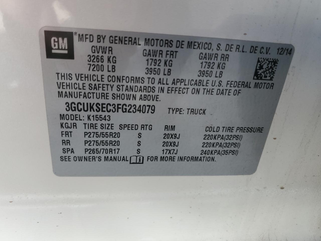 2015 Chevrolet Silverado K1500 Ltz VIN: 3GCUKSEC3FG234079 Lot: 45635634