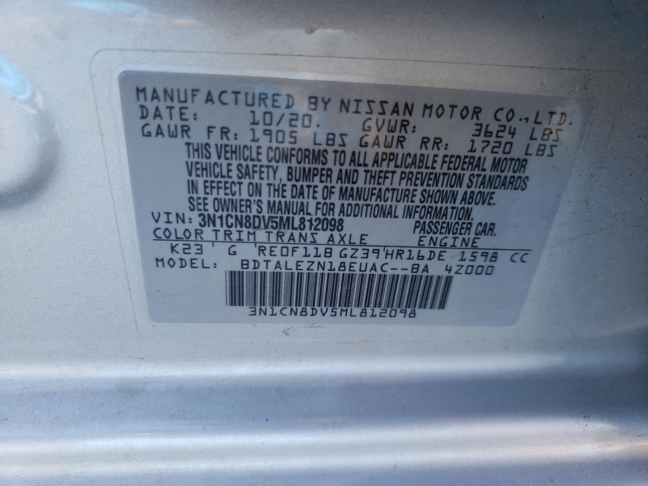 3N1CN8DV5ML812098 2021 Nissan Versa S