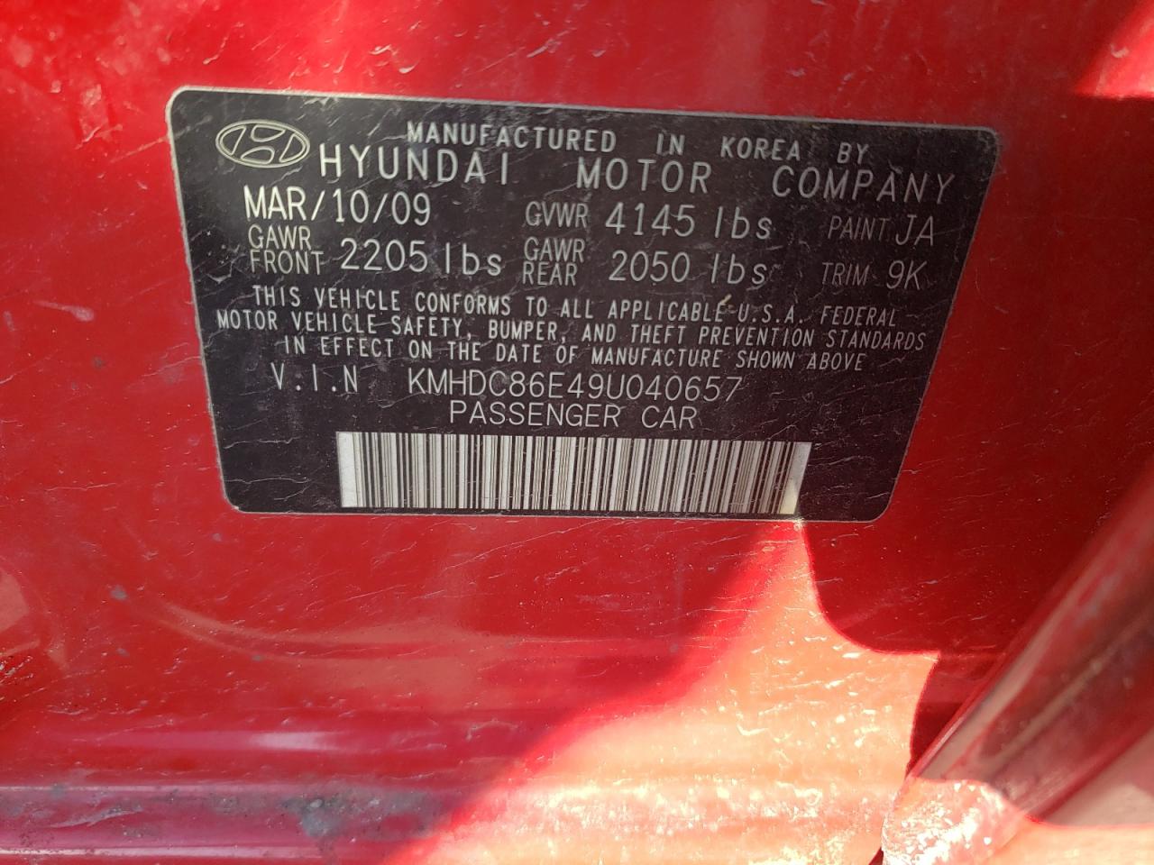 2009 Hyundai Elantra Touring VIN: KMHDC86E49U040657 Lot: 46224104