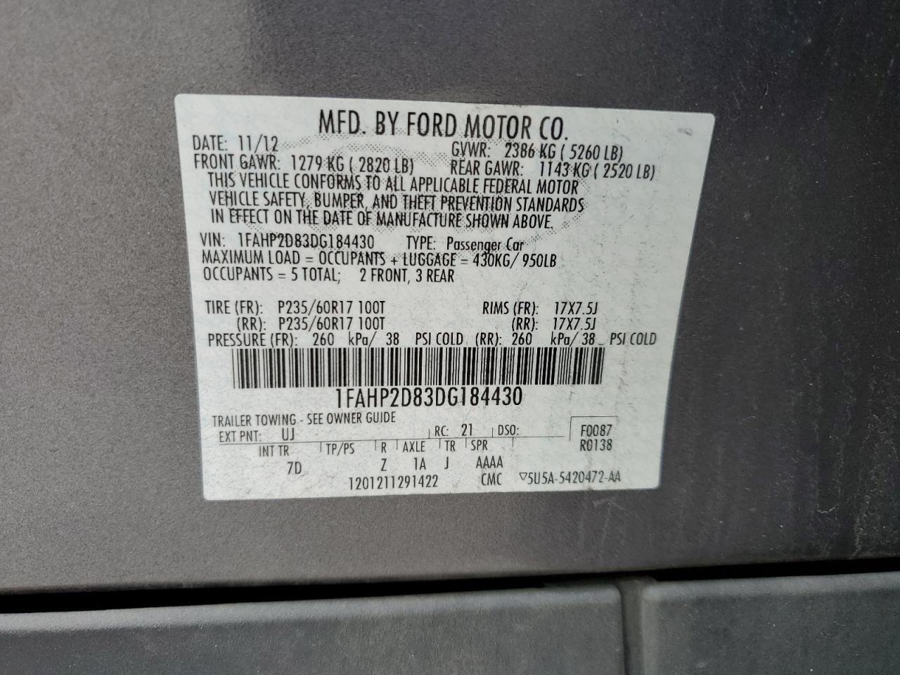 2013 Ford Taurus Se VIN: 1FAHP2D83DG184430 Lot: 47886844