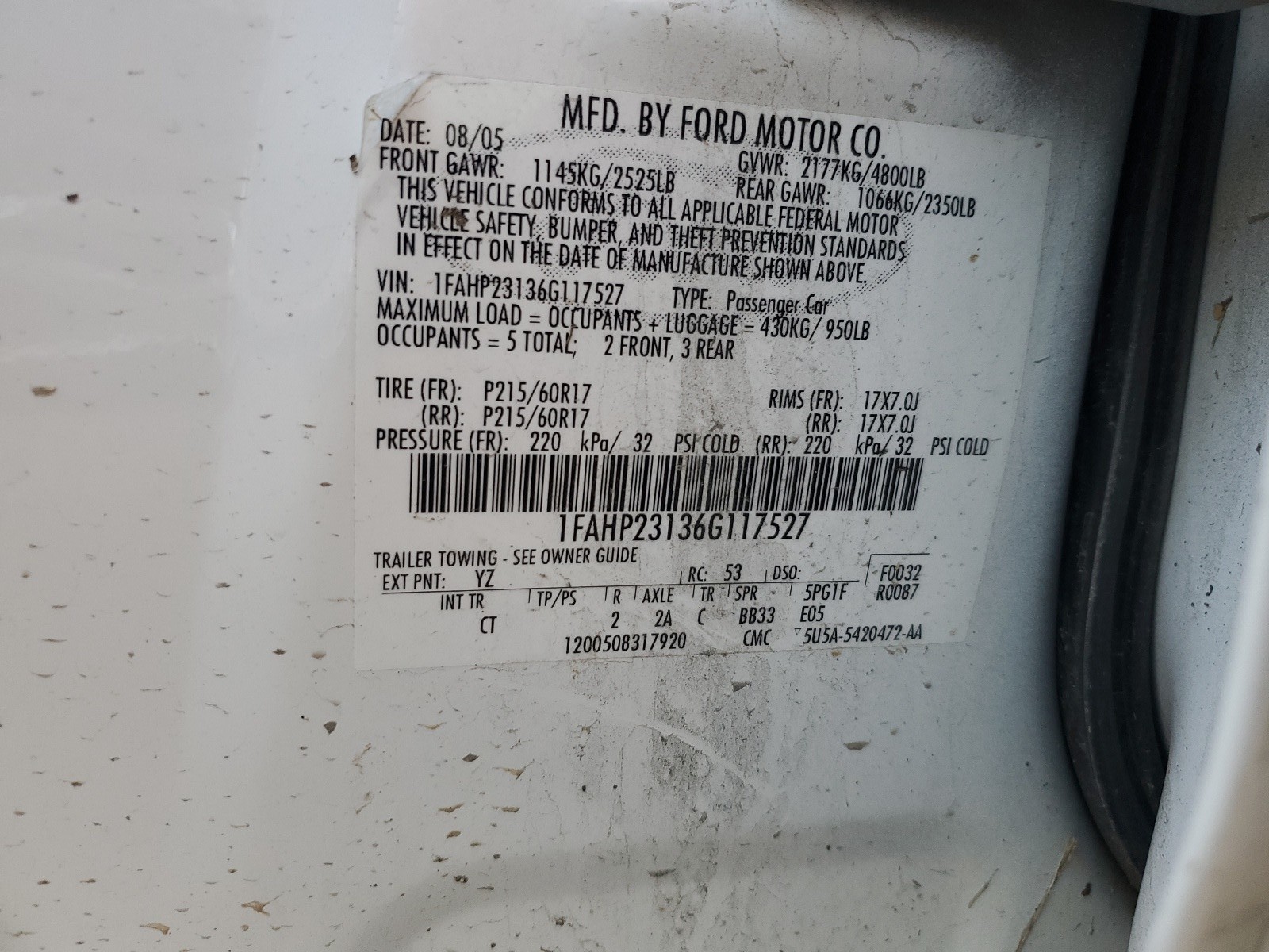 1FAHP23136G117527 2006 Ford Five Hundred Se