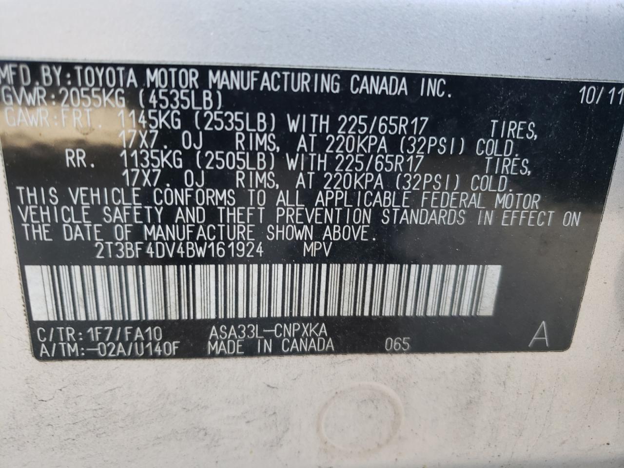 2011 Toyota Rav4 VIN: 2T3BF4DV4BW161924 Lot: 47341514