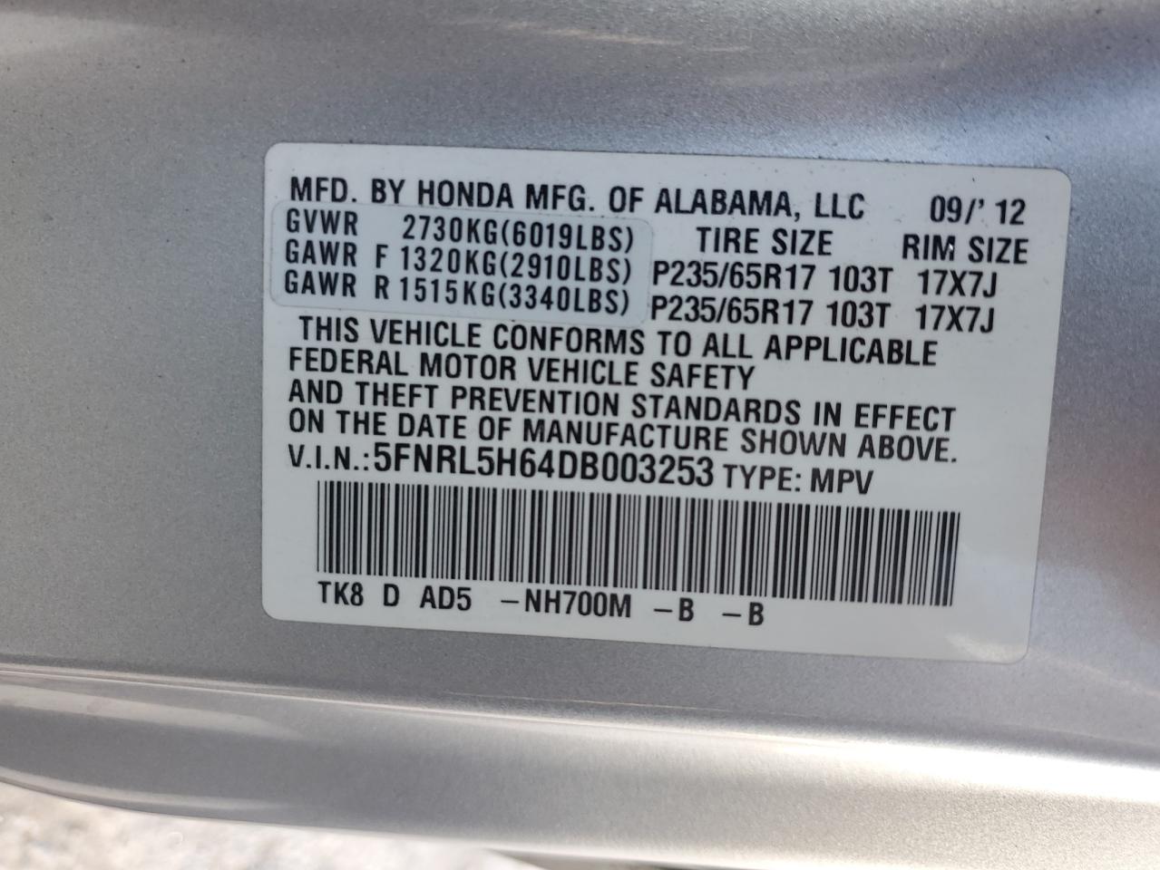 VIN 5FNRL5H64DB003253 2013 HONDA All Models no.13