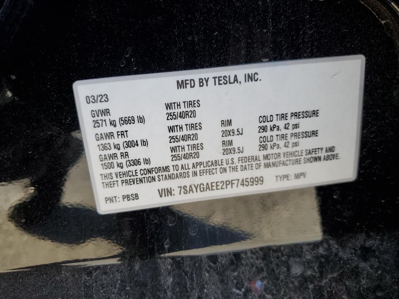 2023 Tesla Model Y VIN: 7SAYGAEE2PF745999 Lot: 46903834