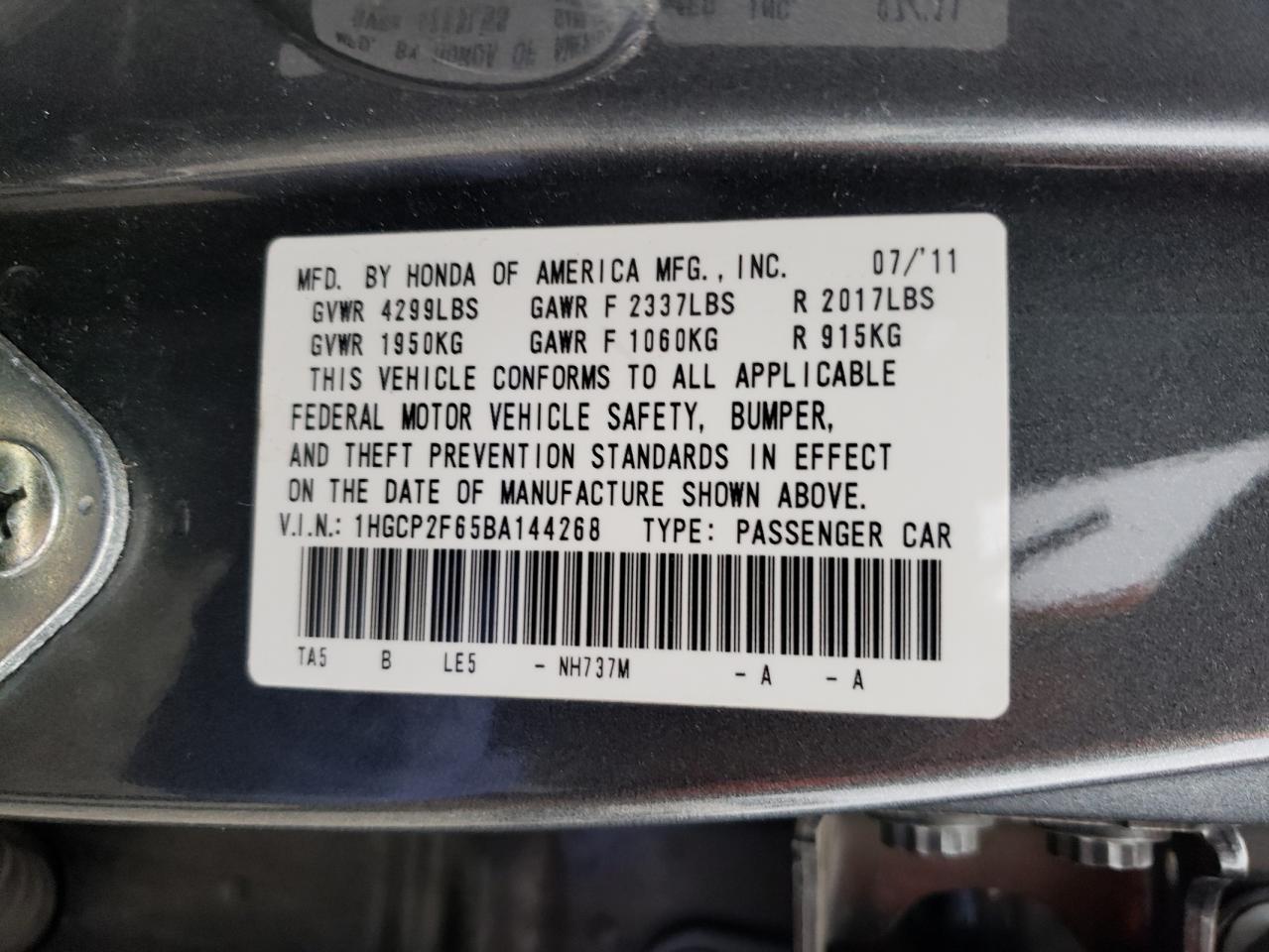 1HGCP2F65BA144268 2011 Honda Accord Se