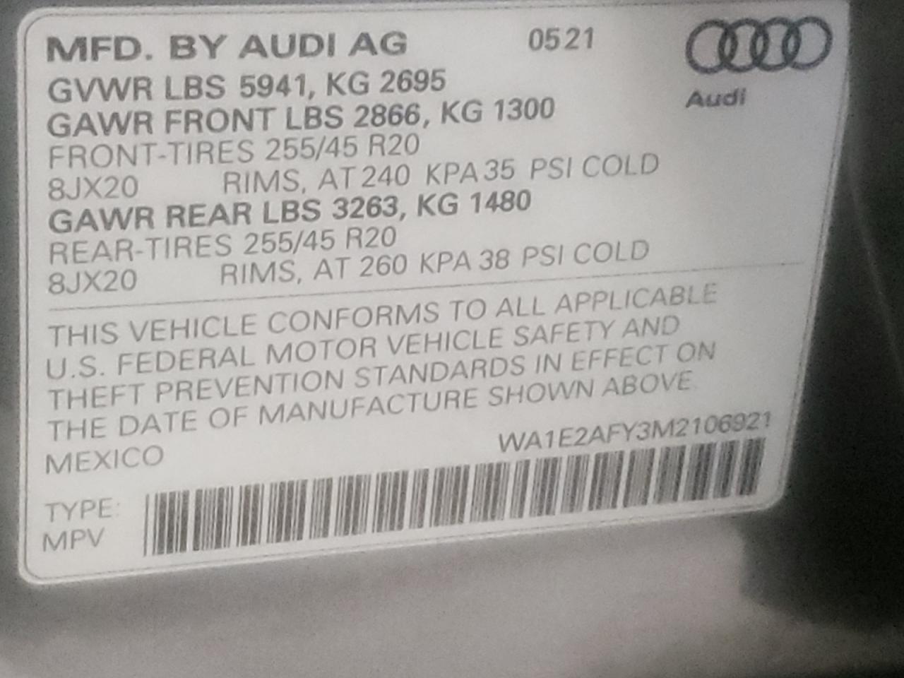 2021 Audi Q5 E Premium Plus VIN: WA1E2AFY3M2106921 Lot: 43123094