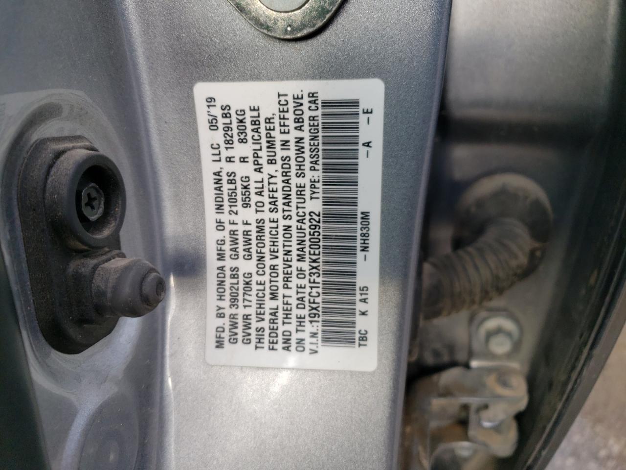 19XFC1F3XKE005922 2019 Honda Civic Ex