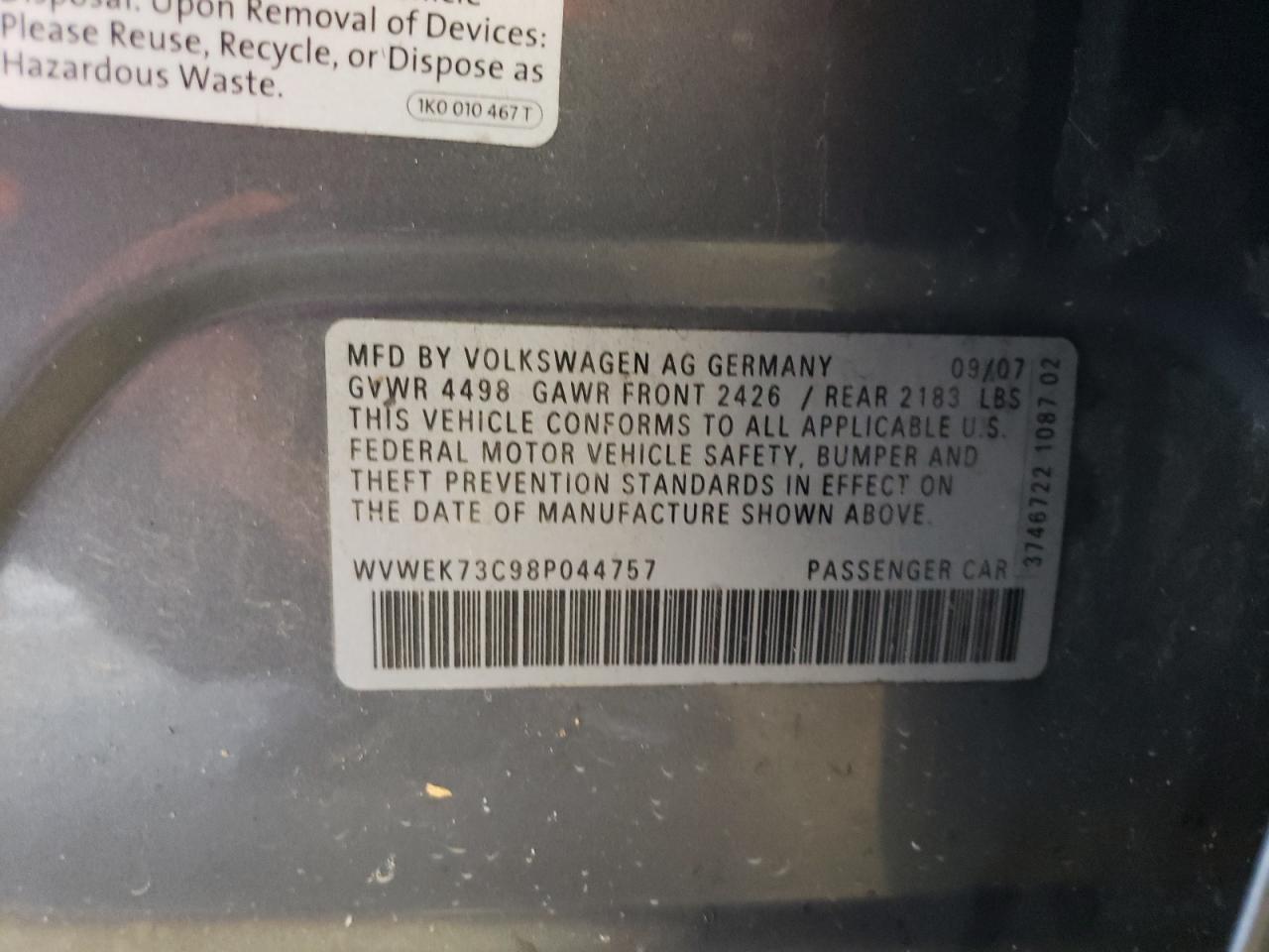 2008 Volkswagen Passat Lux VIN: WVWEK73C98P044757 Lot: 45635254