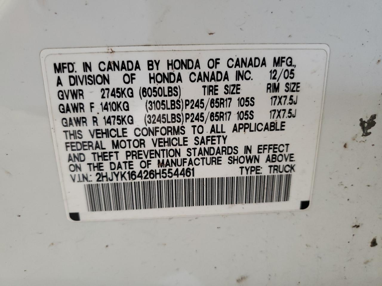 2006 Honda Ridgeline Rts VIN: 2HJYK16426H554461 Lot: 47198454