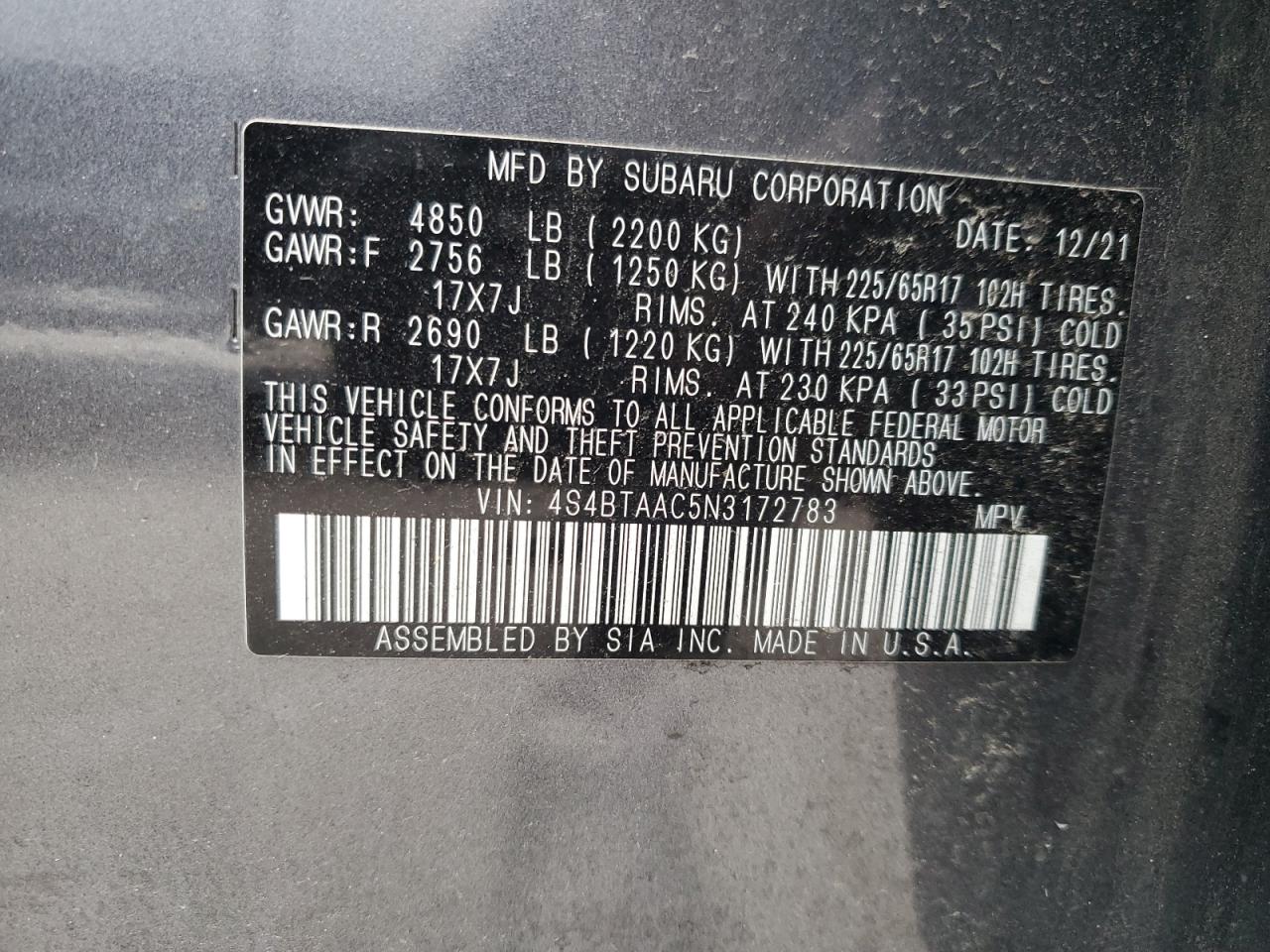 4S4BTAAC5N3172783 2022 Subaru Outback