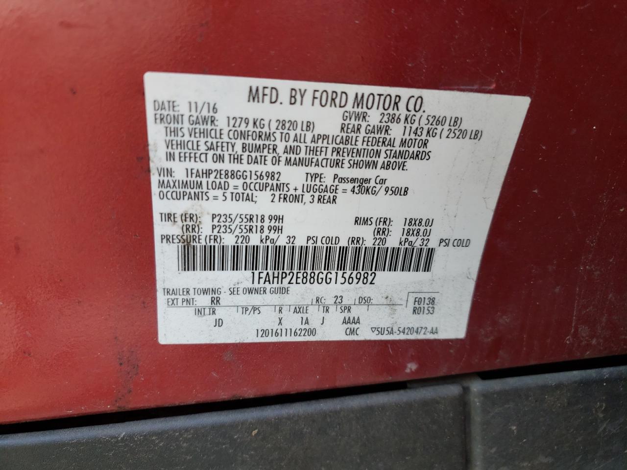 2016 Ford Taurus Sel VIN: 1FAHP2E88GG156982 Lot: 72275134