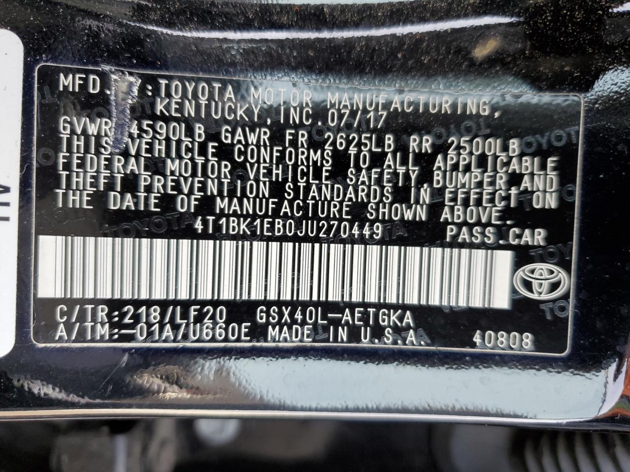 4T1BK1EB0JU270449 2018 Toyota Avalon Xle