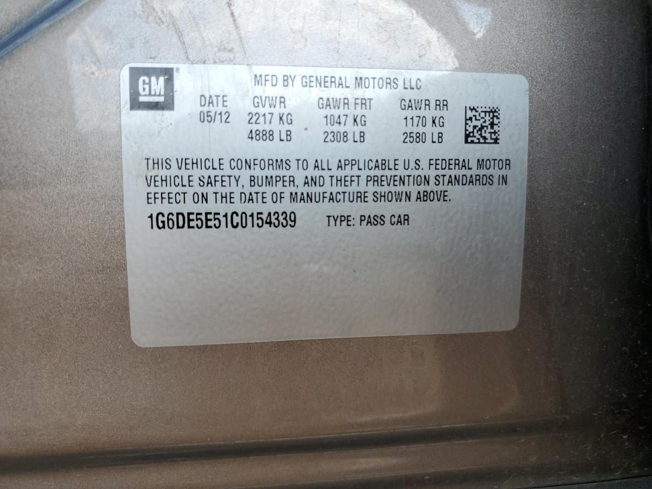 2012 Cadillac Cts Luxury Collection VIN: 1G6DE5E51C0154339 Lot: 47062074