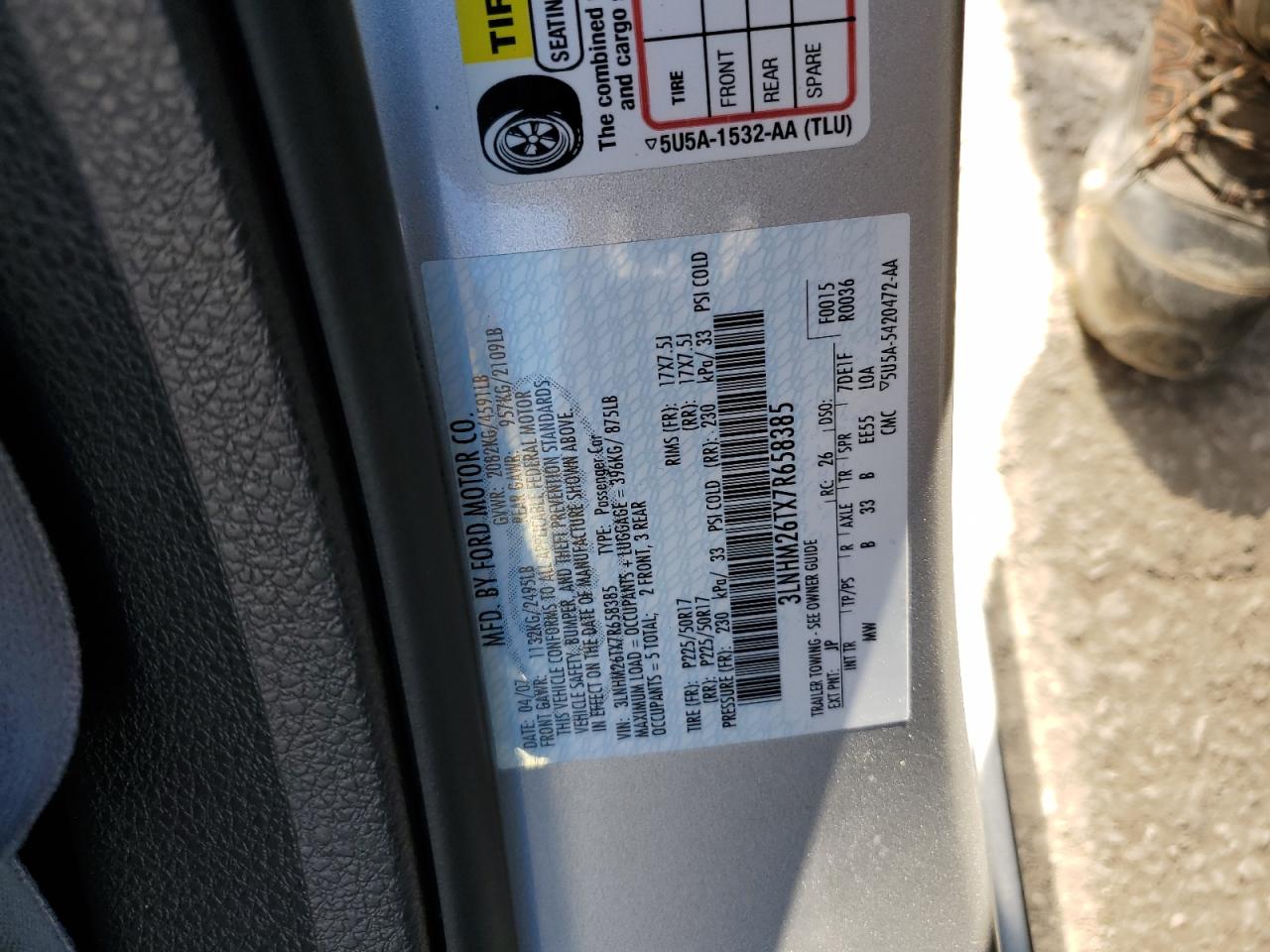 2007 Lincoln Mkz VIN: 3LNHM26TX7R658385 Lot: 45520844