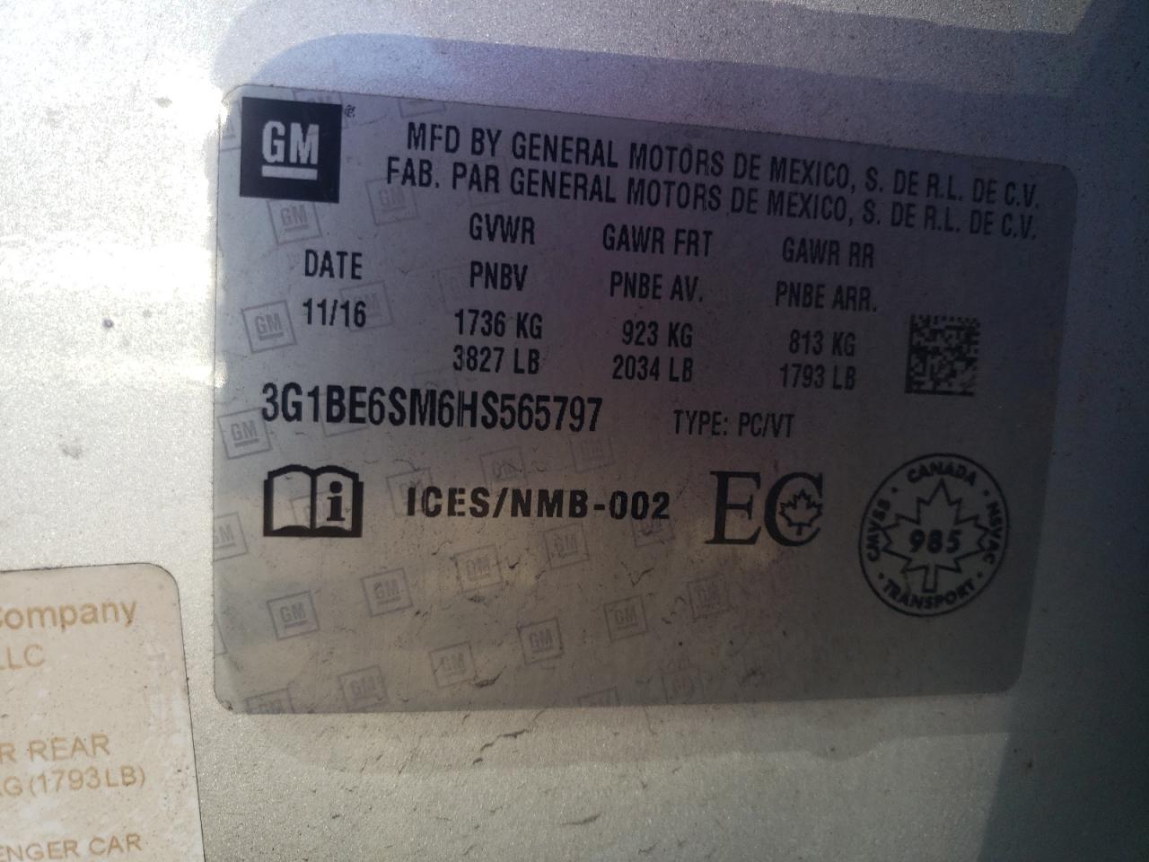 2017 Chevrolet Cruze Lt VIN: 3G1BE6SM6HS565797 Lot: 68523535