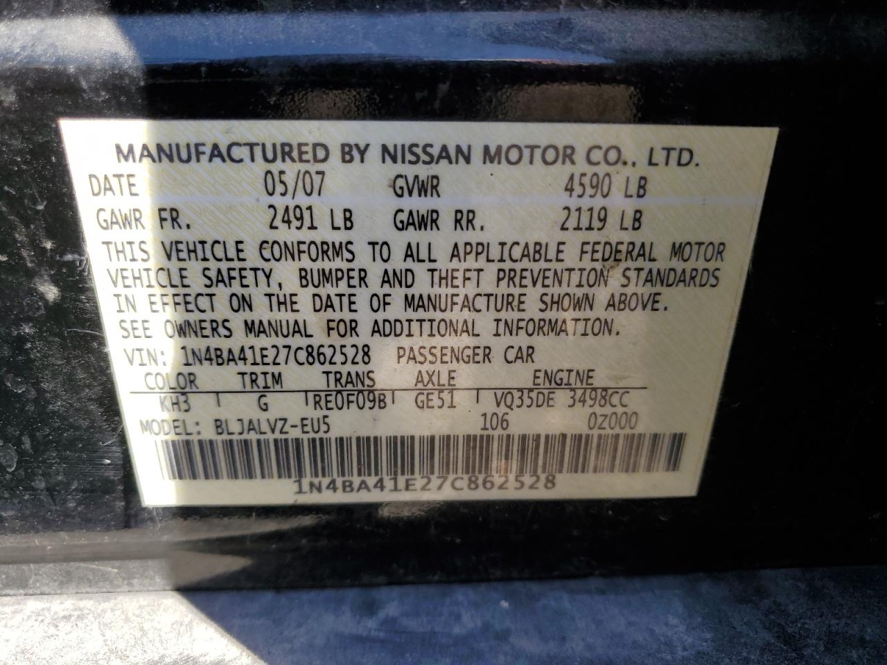 1N4BA41E27C862528 2007 Nissan Maxima Se