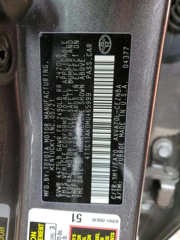 4T1C11AK0MU465999 2021 Toyota Camry Le