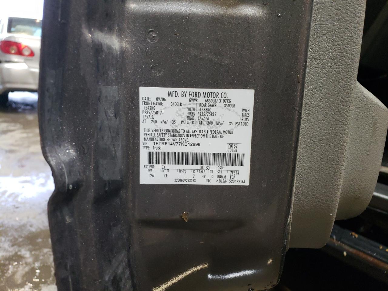 2007 Ford F150 VIN: 1FTRF14V77KB12696 Lot: 48135434