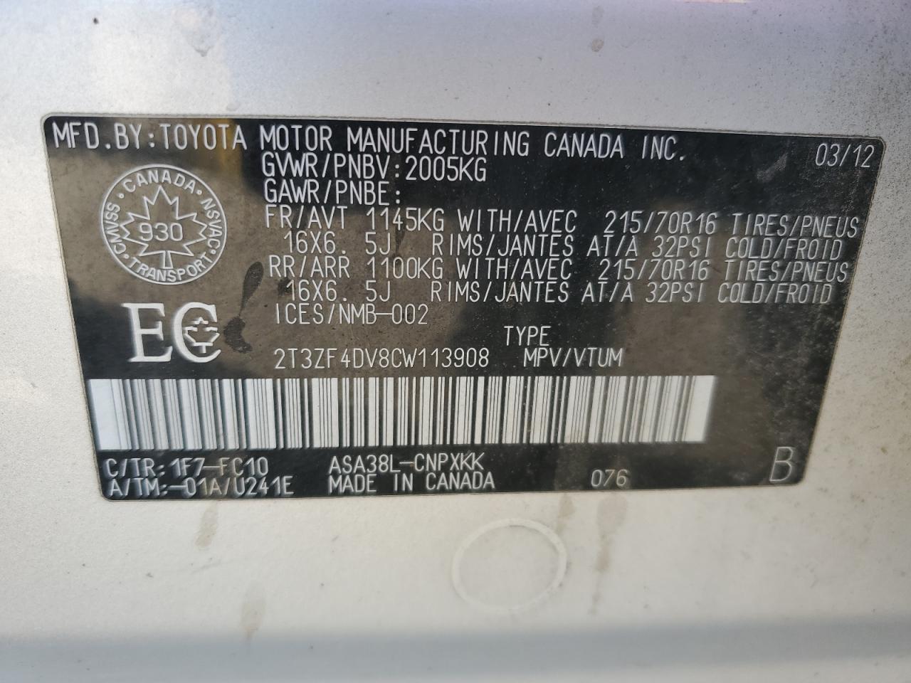 2012 Toyota Rav4 VIN: 2T3ZF4DV8CW113908 Lot: 45862144