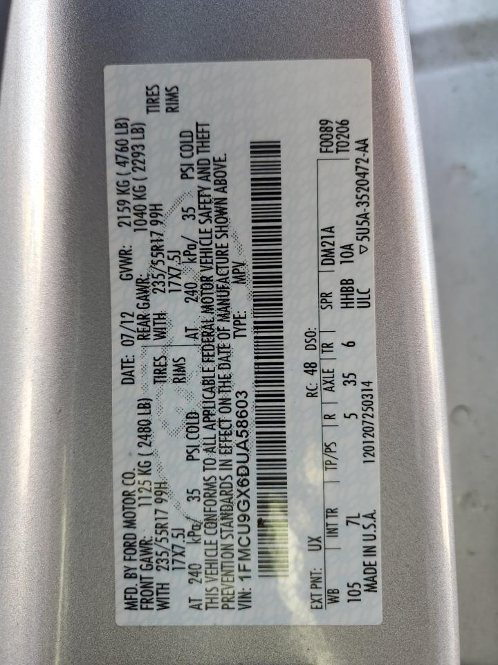 2013 Ford Escape Se VIN: 1FMCU9GX6DUA58603 Lot: 61325854