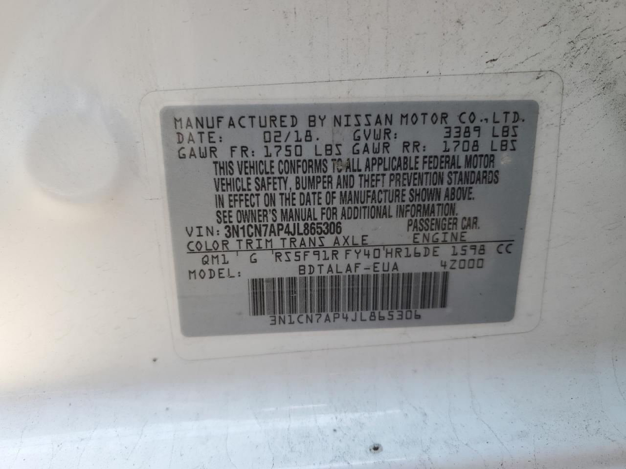 2018 Nissan Versa S VIN: 3N1CN7AP4JL865306 Lot: 83807924