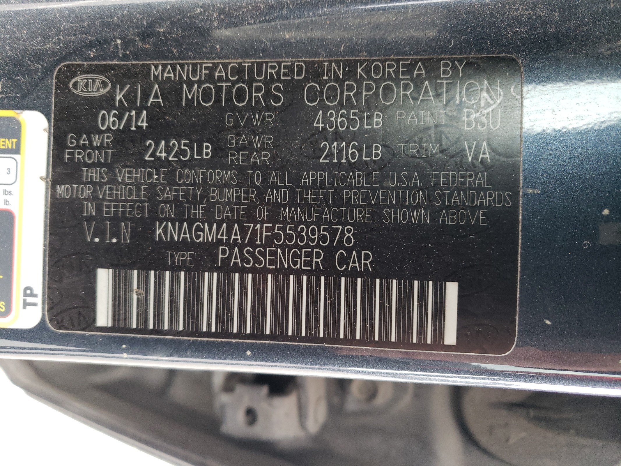 KNAGM4A71F5539578 2015 Kia Optima Lx