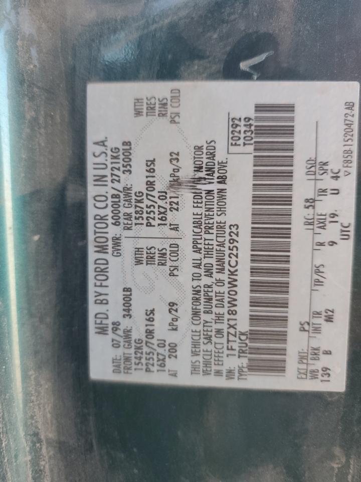 1998 Ford F150 VIN: 1FTZX18W0WKC25923 Lot: 51048574