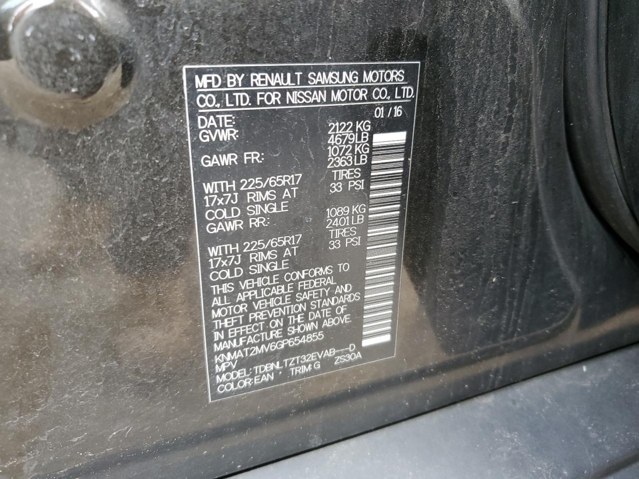 KNMAT2MV6GP654855 NISSAN ROGUE 2016