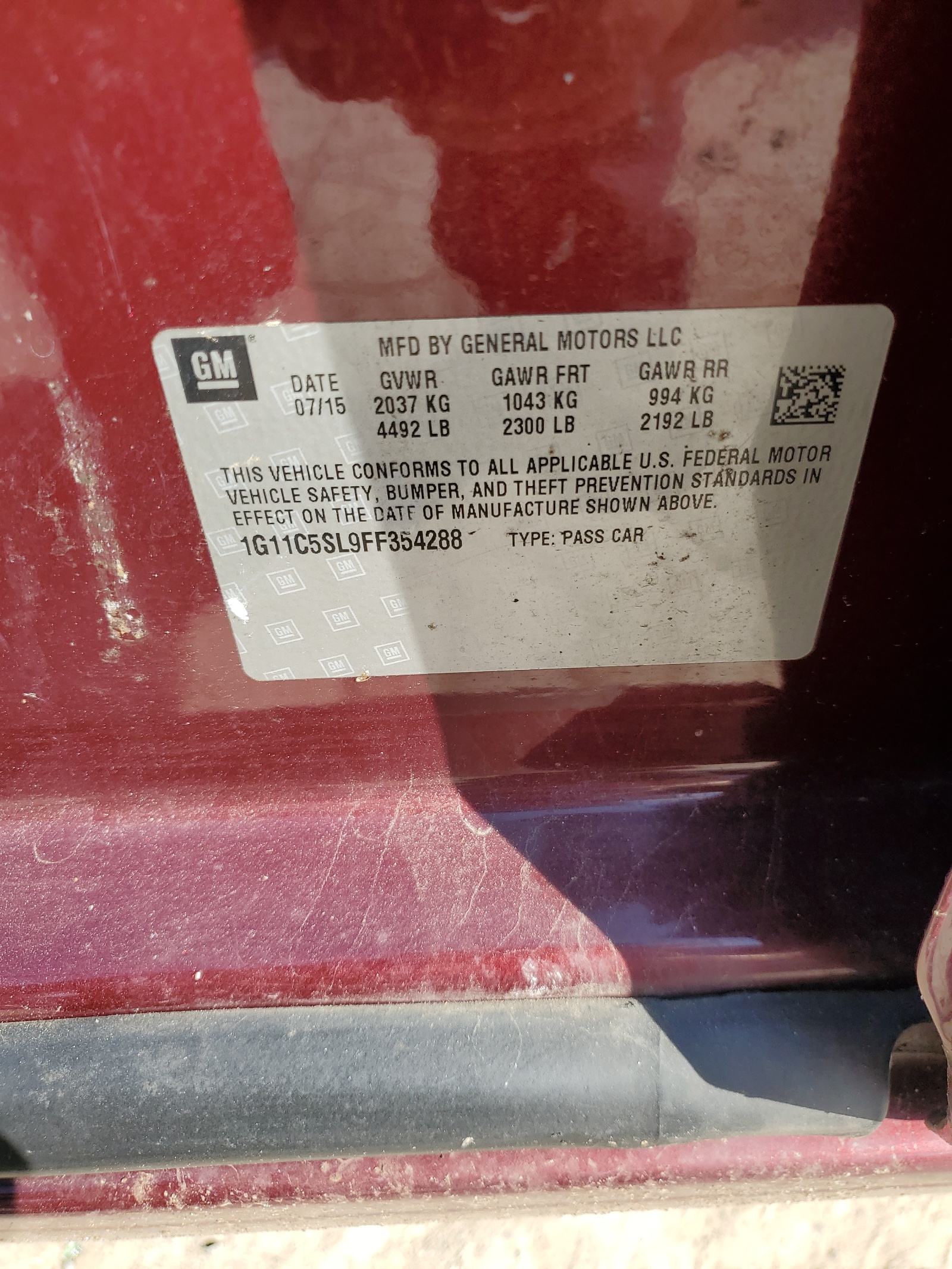 2015 Chevrolet Malibu 1Lt vin: 1G11C5SL9FF354288