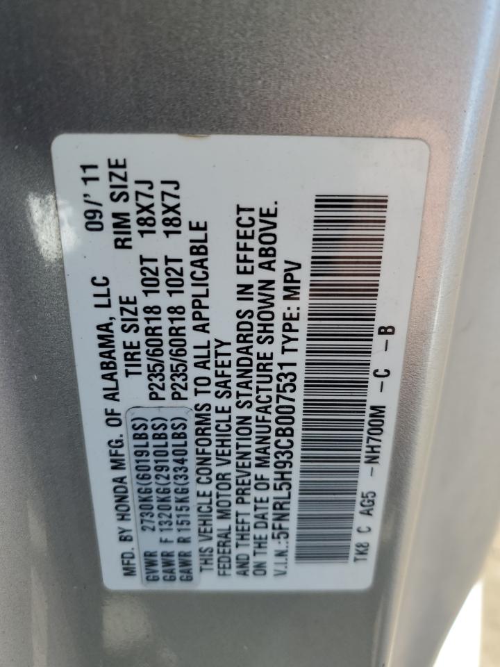 2012 Honda Odyssey Touring VIN: 5FNRL5H93CB007531 Lot: 44190334