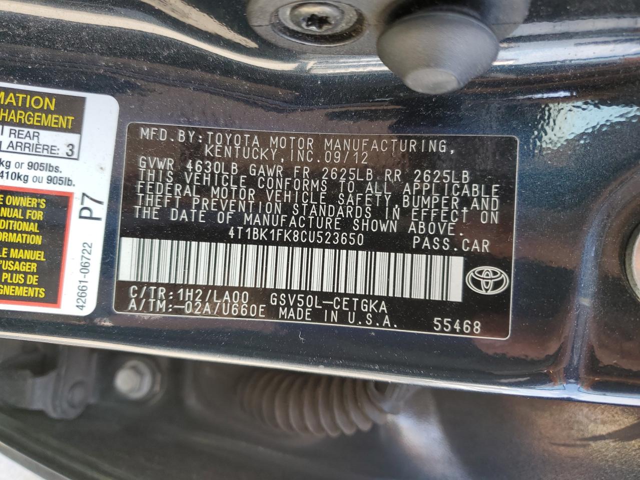 2012 Toyota Camry Se VIN: 4T1BK1FK8CU523650 Lot: 48012794