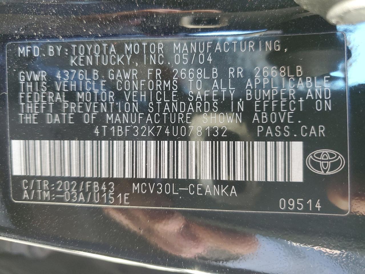 2004 Toyota Camry Le VIN: 4T1BF32K74U078132 Lot: 45329074