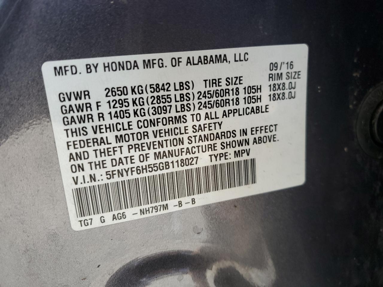 2016 Honda Pilot Exl VIN: 5FNYF6H55GB118027 Lot: 48533284