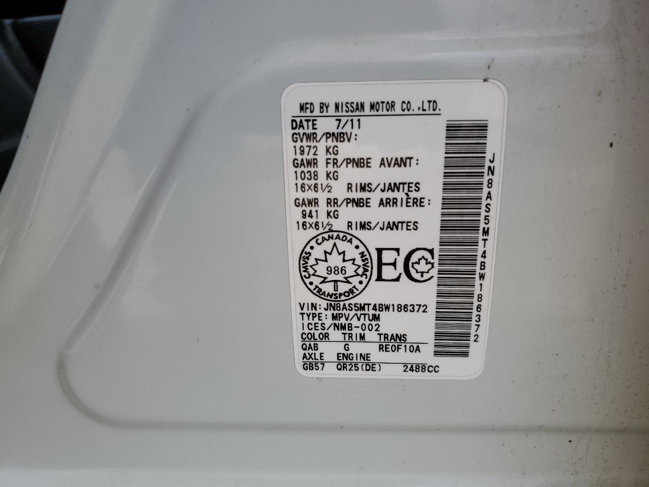 2011 Nissan Rogue S VIN: JN8AS5MT4BW186372 Lot: 47468364