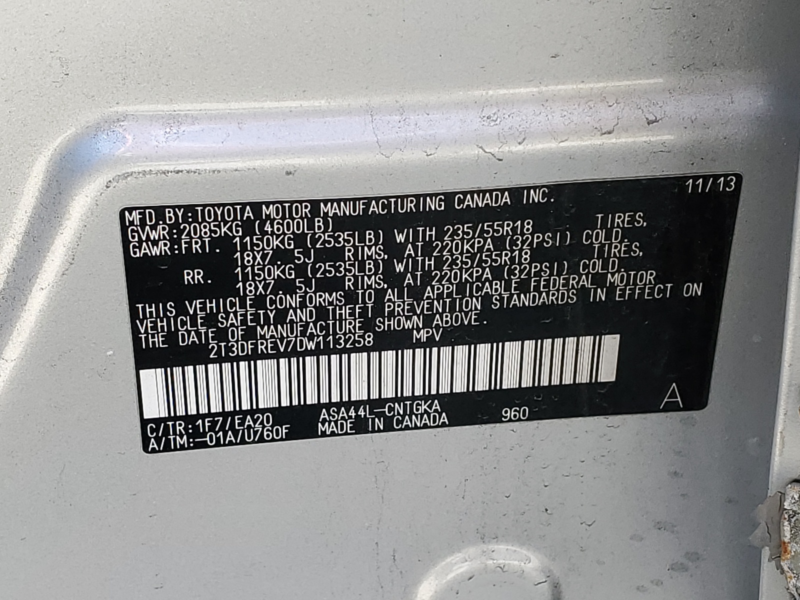 2T3DFREV7DW113258 2013 Toyota Rav4 Limited