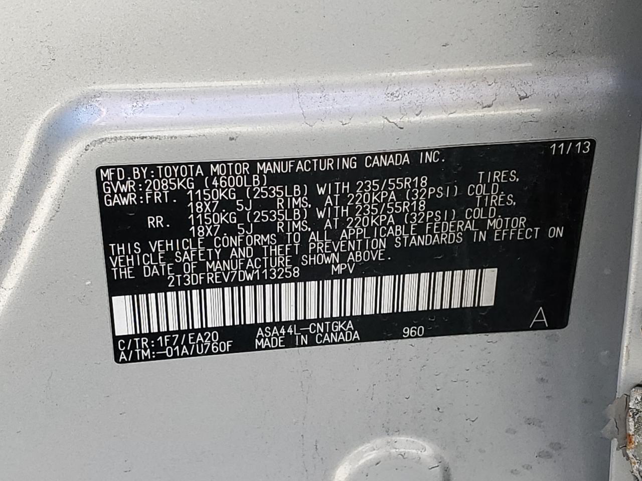 2013 Toyota Rav4 Limited VIN: 2T3DFREV7DW113258 Lot: 47896154