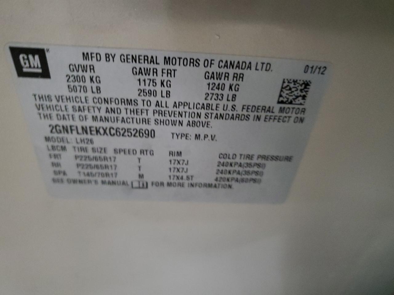 2GNFLNEKXC6252690 2012 Chevrolet Equinox Lt