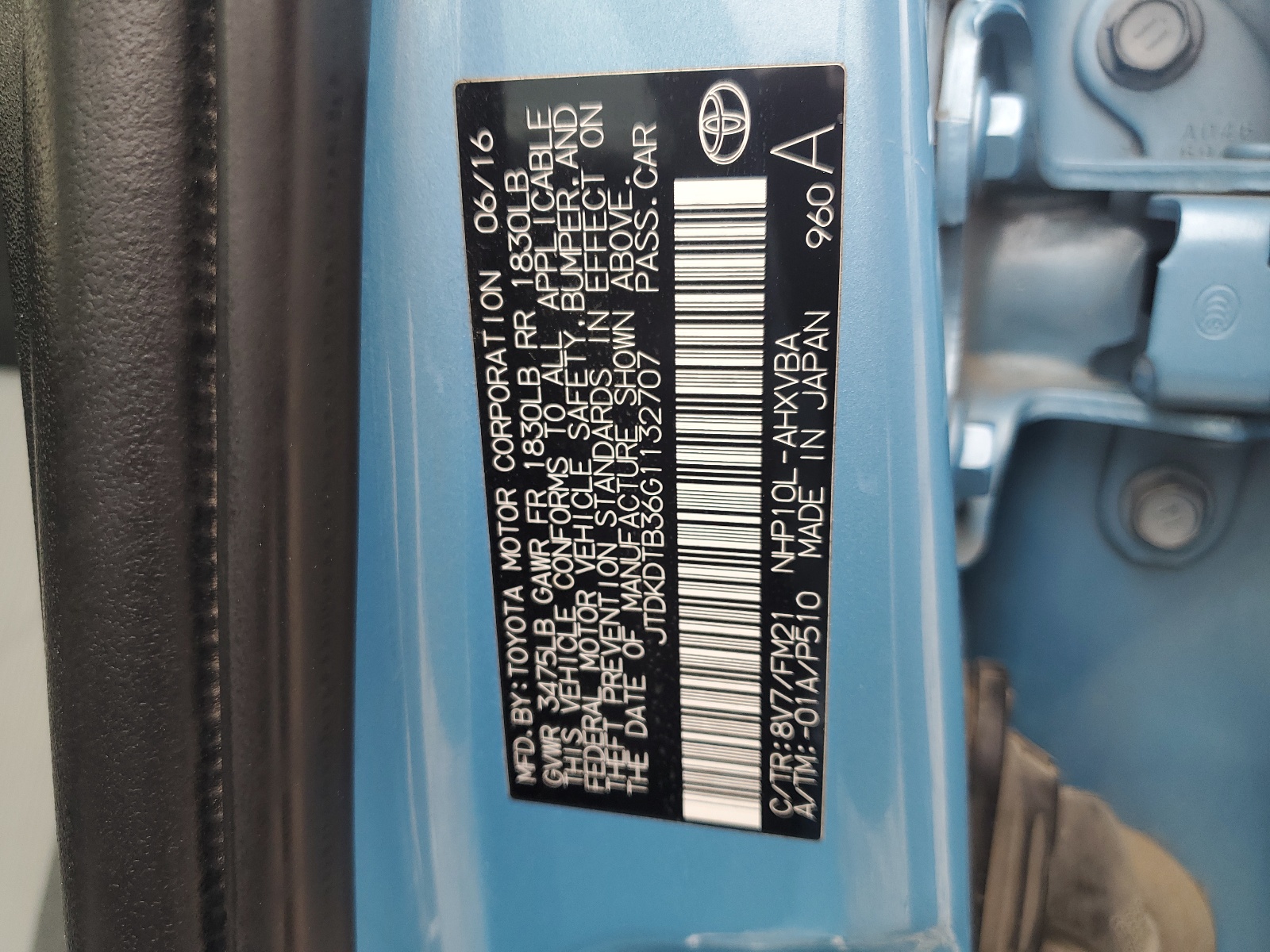 JTDKDTB36G1132707 2016 Toyota Prius C