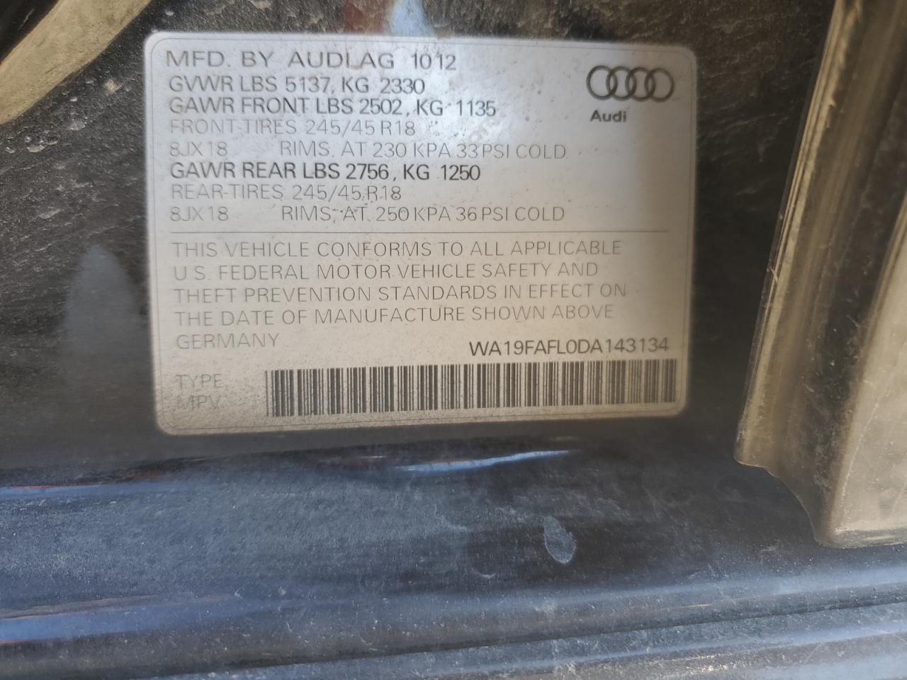 2013 Audi A4 Allroad Premium VIN: WA19FAFL0DA143134 Lot: 45102164