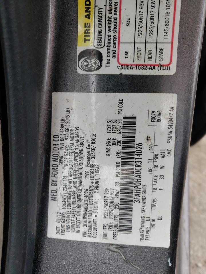 2012 Ford Fusion Se VIN: 3FAHP0HA0CR314026 Lot: 48059314