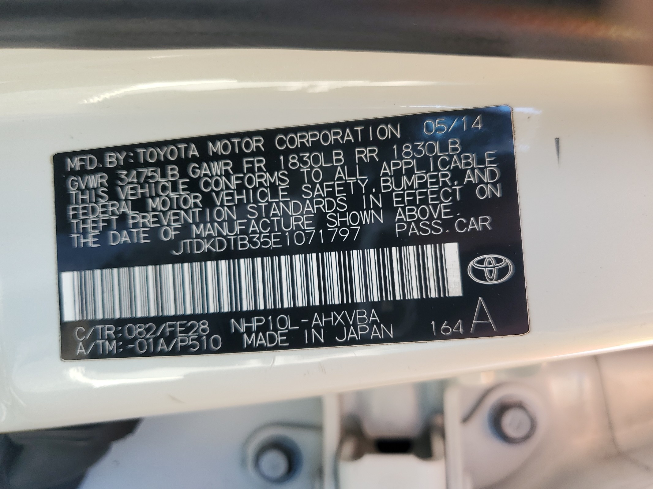 2014 Toyota Prius C vin: JTDKDTB35E1071797