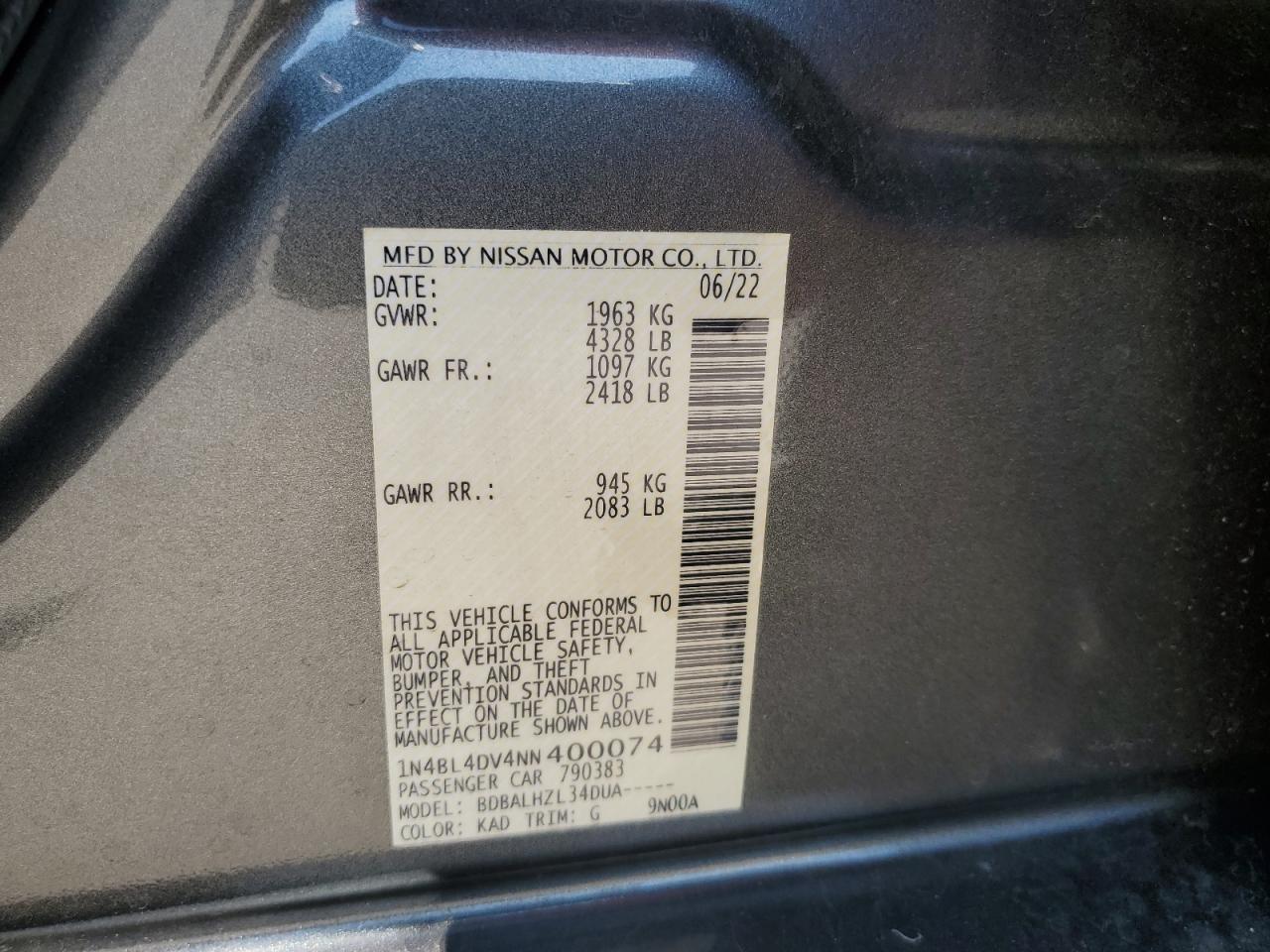 1N4BL4DV4NN400074 2022 Nissan Altima Sv