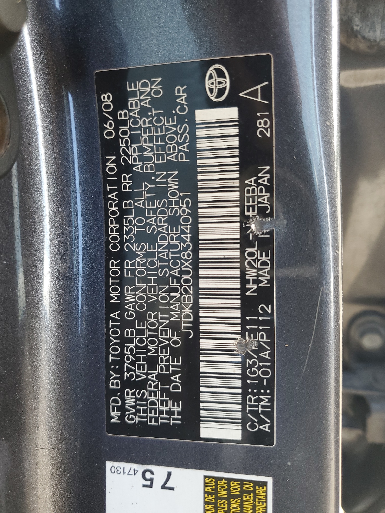 JTDKB20UX83440951 2008 Toyota Prius