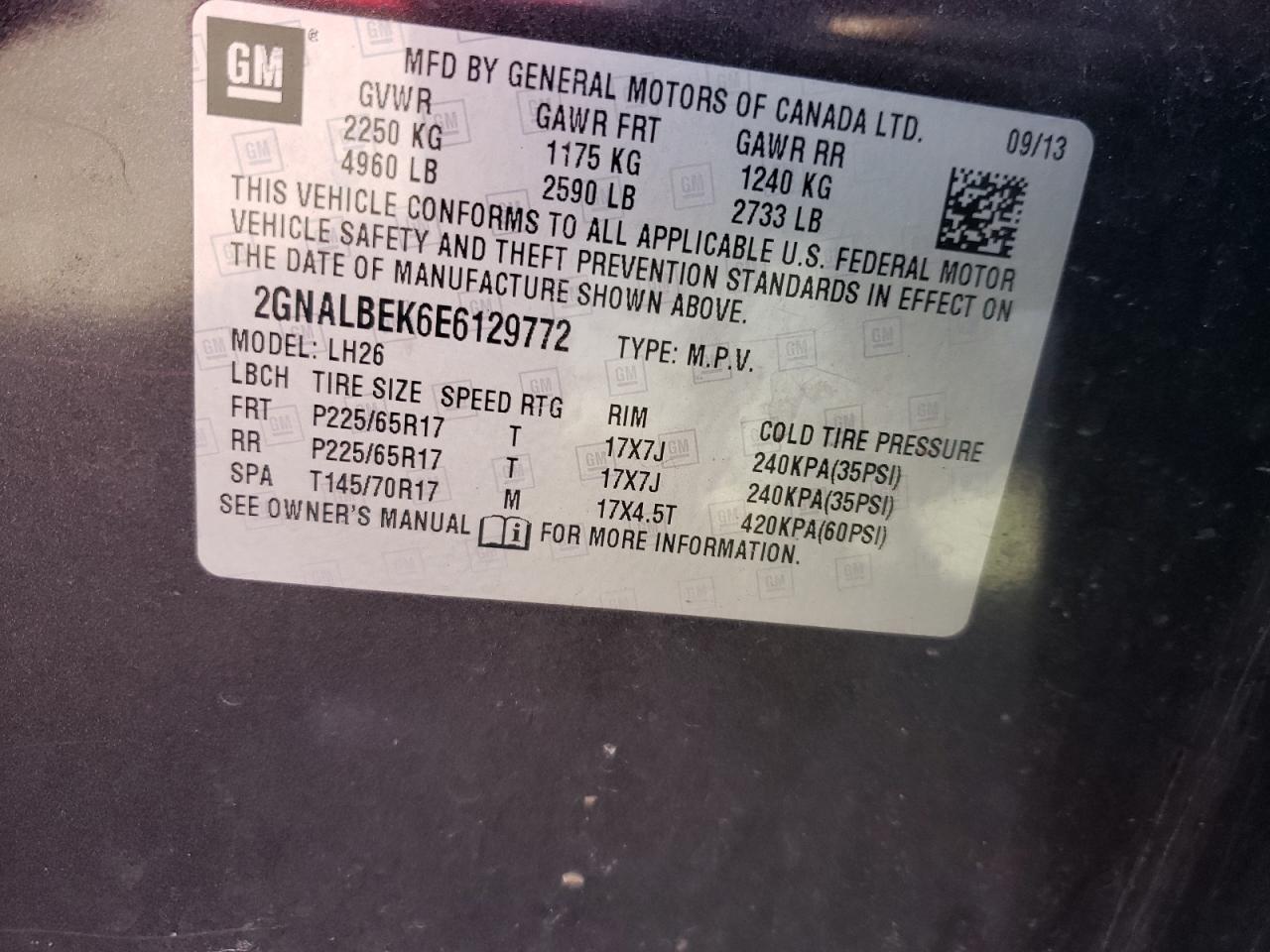 2GNALBEK6E6129772 2014 Chevrolet Equinox Lt