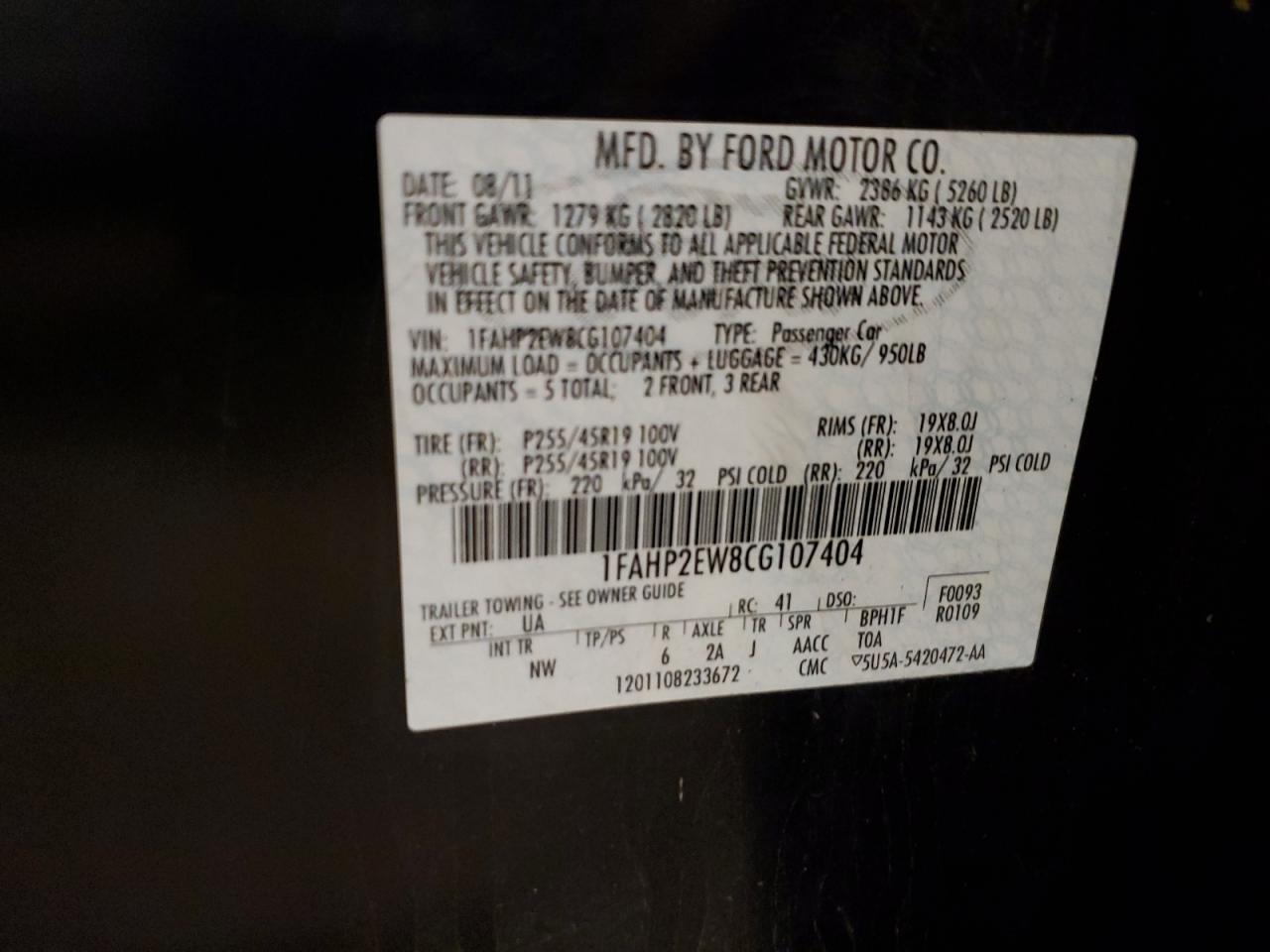 2012 Ford Taurus Sel VIN: 1FAHP2EW8CG107404 Lot: 47144184