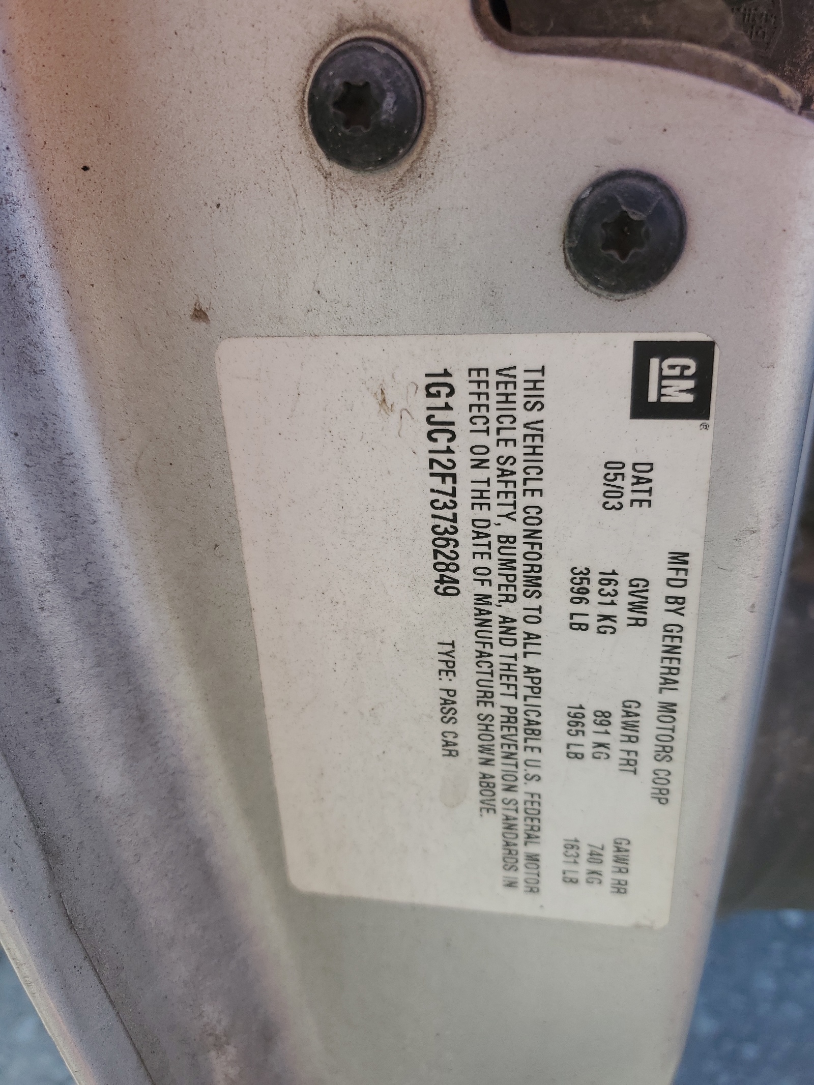 1G1JC12F737362849 2003 Chevrolet Cavalier