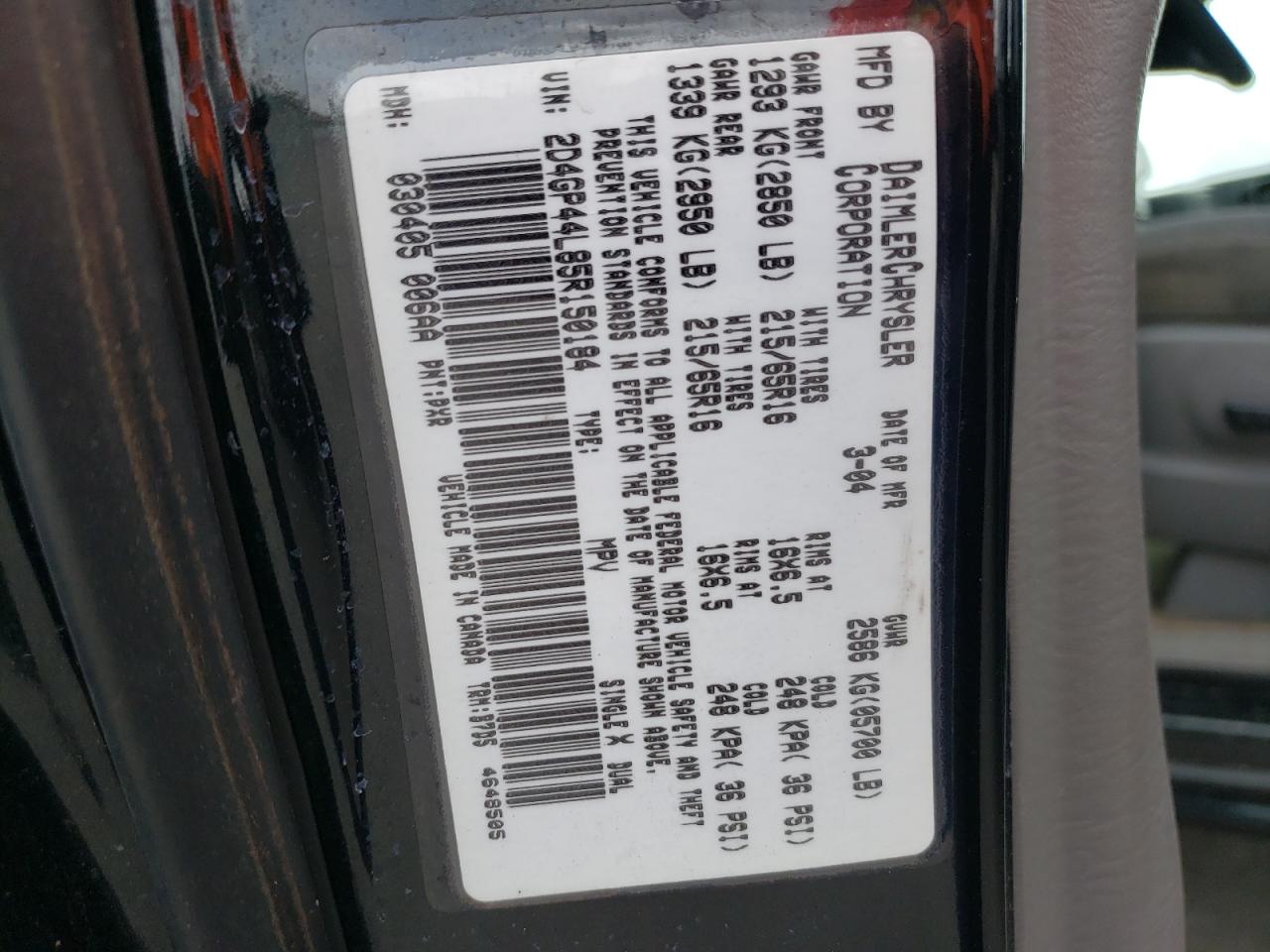 2005 Dodge Grand Caravan Sxt VIN: 2D4GP44L85R150184 Lot: 44733004